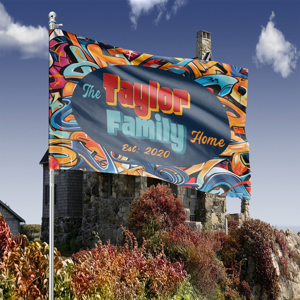 Custom GARDEN FLAGS | Welcome House Flag | Personalized Name | Double-Sided, UV Resistant Polyester | Abstract Graffiti