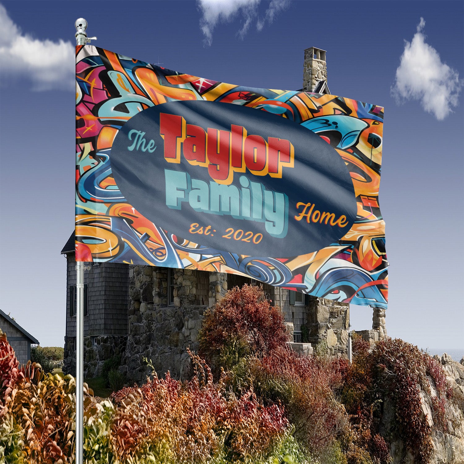 Custom GARDEN FLAGS | Welcome House Flag | Personalized Name | Double-Sided, UV Resistant Polyester | Abstract Graffiti