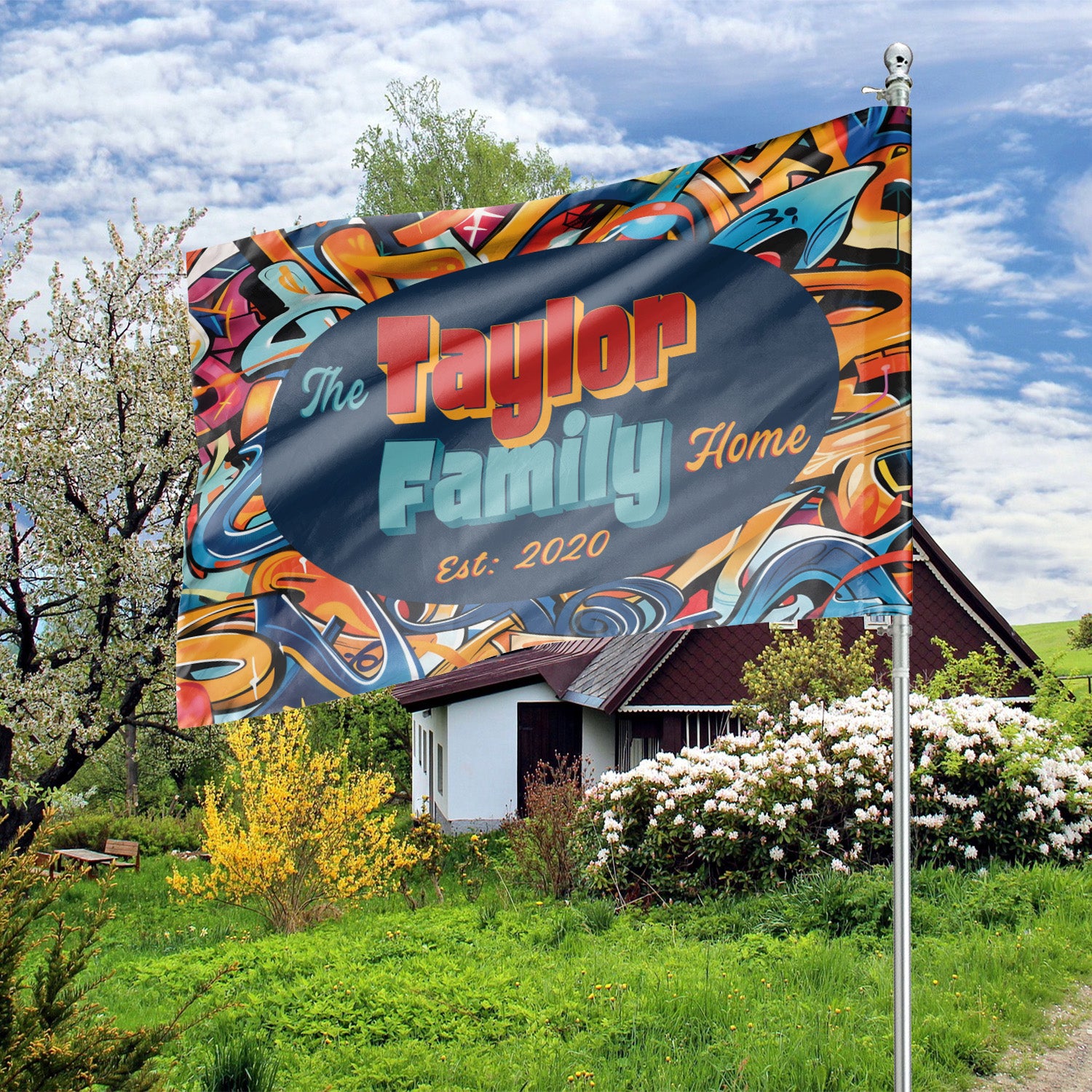 Custom GARDEN FLAGS | Welcome House Flag | Personalized Name | Double-Sided, UV Resistant Polyester | Abstract Graffiti