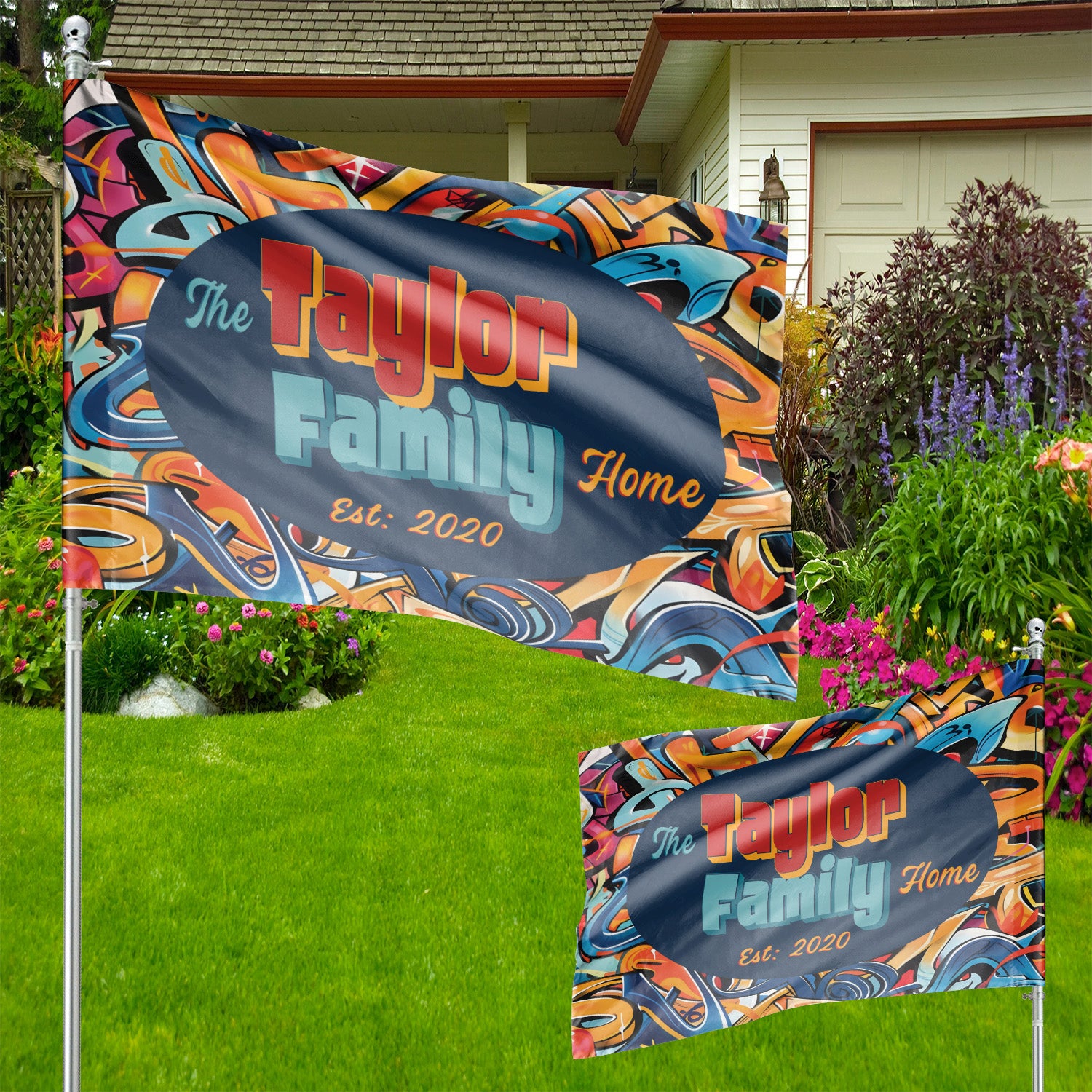 Custom GARDEN FLAGS | Welcome House Flag | Personalized Name | Double-Sided, UV Resistant Polyester | Abstract Graffiti