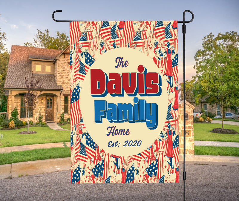 Personalized Patriotic All-Weather Garden Flags for Outside. House Flag Custom Family Last Name Est. Year Sign - Double Sided, UV Resistant Polyester - Various Sizes - Outdoor Decoration