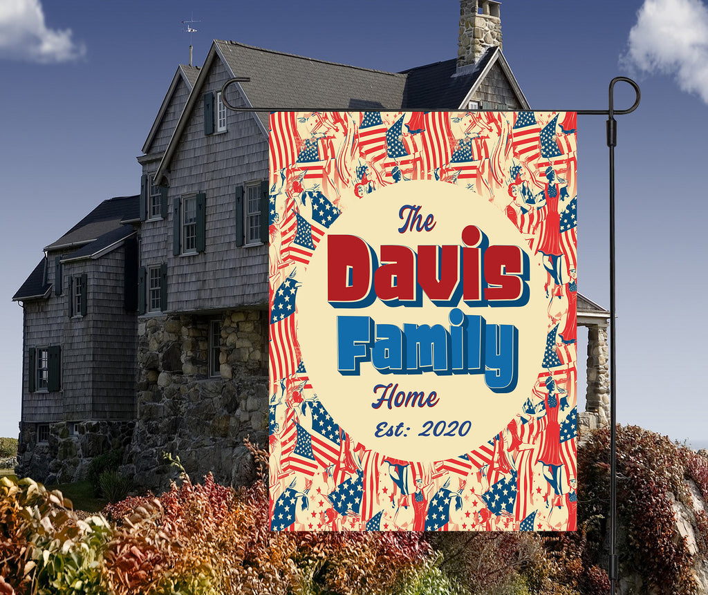 Custom HOUSE FLAGS | Welcome Garden Flag | Personalized Name | Double-Sided, UV Resistant Polyester | Vintage US Flag