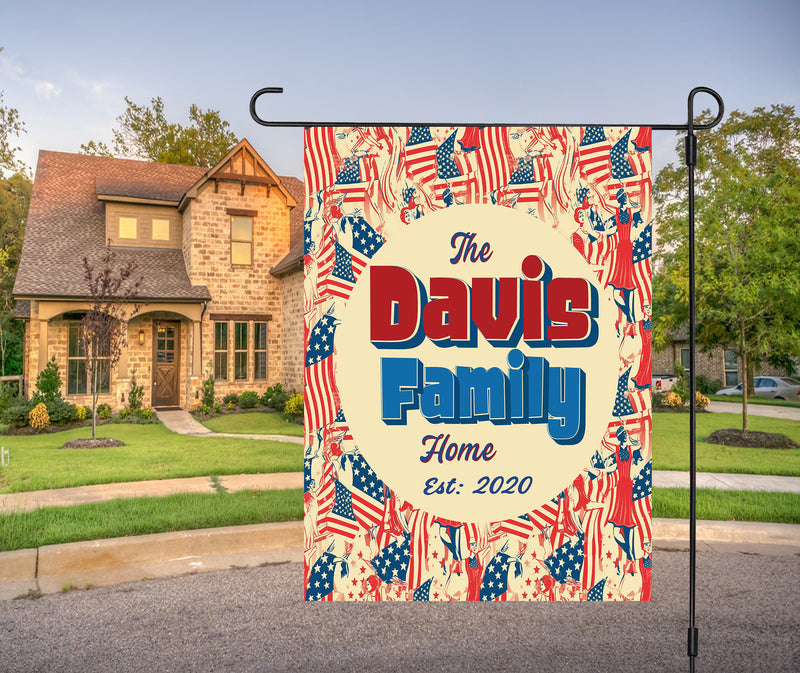 Personalized Patriotic All-Weather Garden Flags for Outside. House Flag Custom Family Last Name Est. Year Sign - Double Sided, UV Resistant Polyester - Various Sizes - Outdoor Decoration