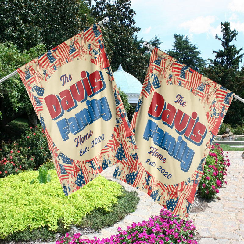 Personalized Patriotic All-Weather Garden Flags for Outside. House Flag Custom Family Last Name Est. Year Sign - Double Sided, UV Resistant Polyester - Various Sizes - Outdoor Decoration