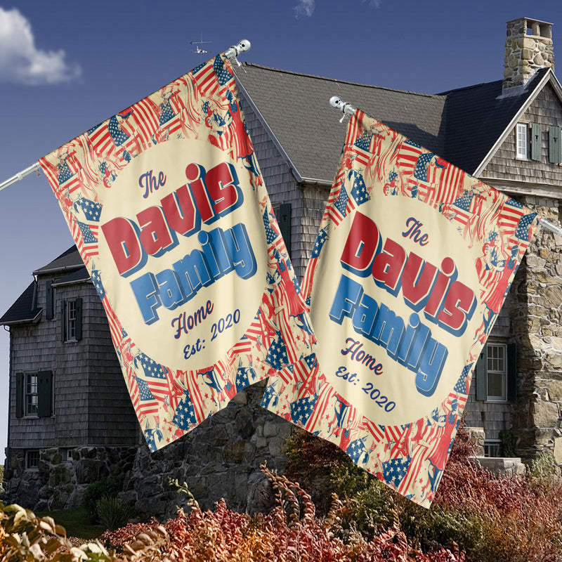 Personalized Patriotic All-Weather Garden Flags for Outside. House Flag Custom Family Last Name Est. Year Sign - Double Sided, UV Resistant Polyester - Various Sizes - Outdoor Decoration