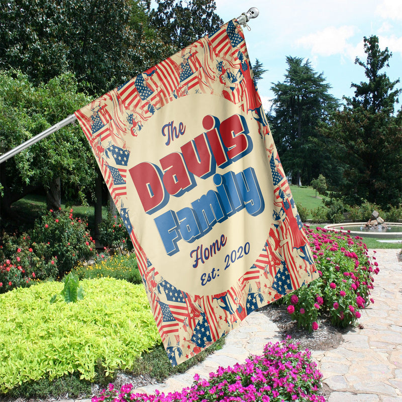 Personalized Patriotic All-Weather Garden Flags for Outside. House Flag Custom Family Last Name Est. Year Sign - Double Sided, UV Resistant Polyester - Various Sizes - Outdoor Decoration