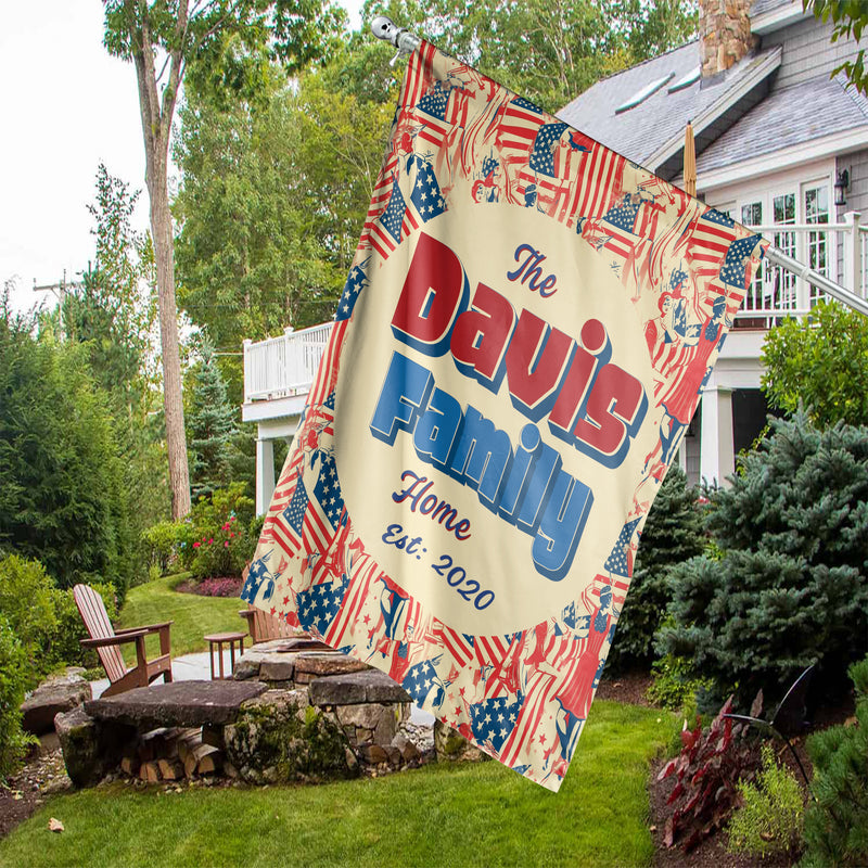 Personalized Patriotic All-Weather Garden Flags for Outside. House Flag Custom Family Last Name Est. Year Sign - Double Sided, UV Resistant Polyester - Various Sizes - Outdoor Decoration