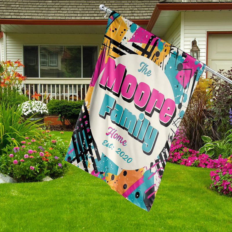 Personalized Summer Graffiti Splatter Garden Flags for Outside. Custom Welcome House flag with Family Name. Decorative Outdoor Sign. Double Sided, UV Resistant Polyester - Various Sizes