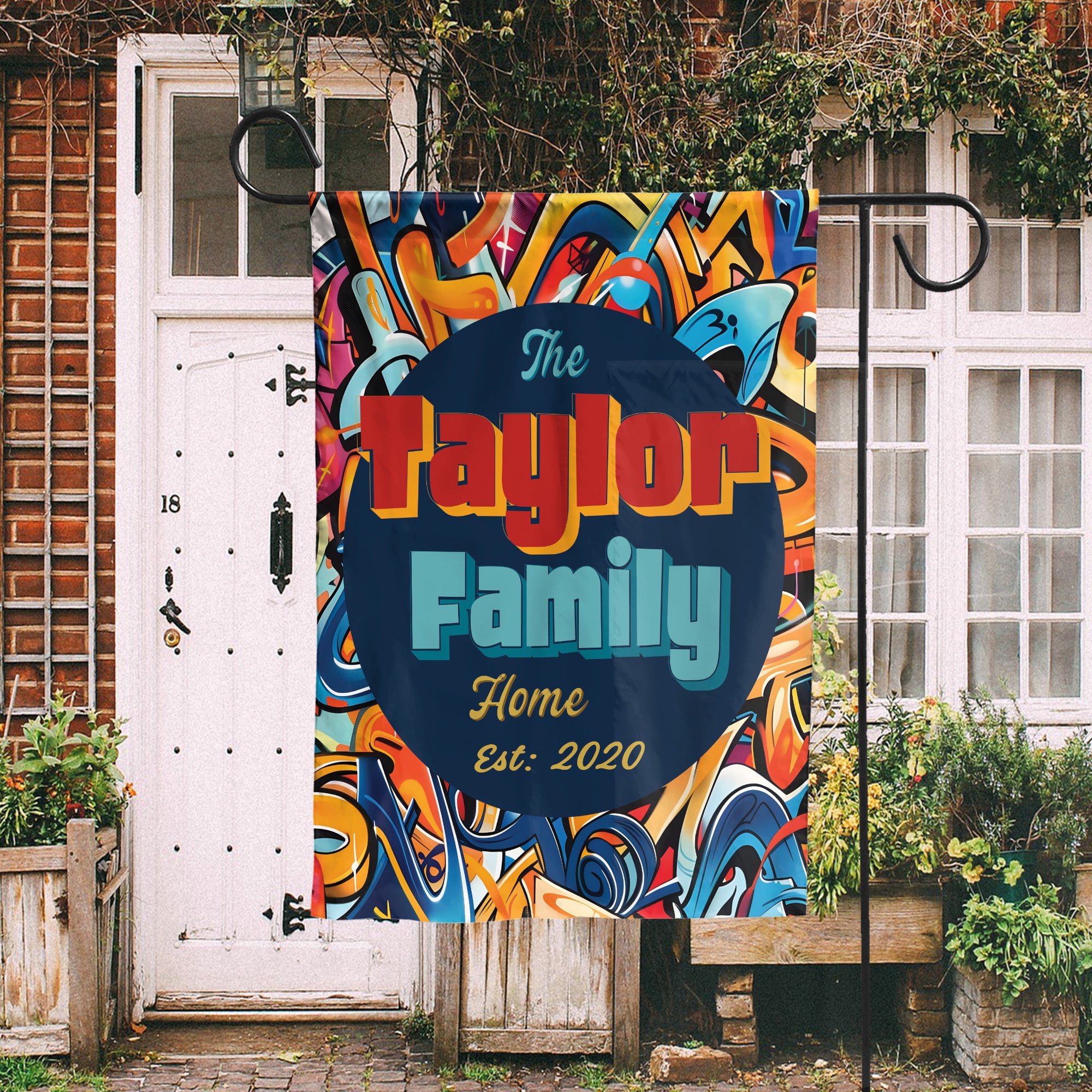 Custom GARDEN FLAGS | Welcome House Flag | Personalized Name | Double-Sided, UV Resistant Polyester | Abstract Graffiti