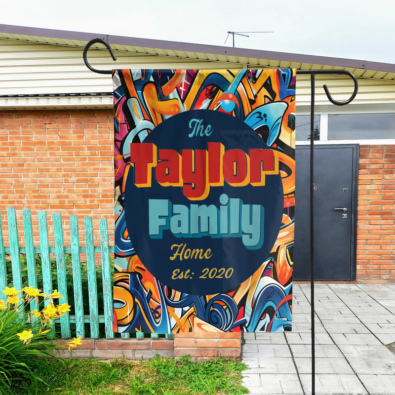 Personalized Summer Spring urban Graffiti Garden Flags for Outside. Custom Welcome House flag with Family Name. Decorative Outdoor Sign. Double Sided, UV Resistant Polyester - Various Sizes