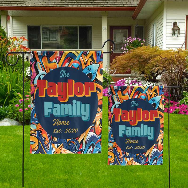 Personalized Summer Spring urban Graffiti Garden Flags for Outside. Custom Welcome House flag with Family Name. Decorative Outdoor Sign. Double Sided, UV Resistant Polyester - Various Sizes