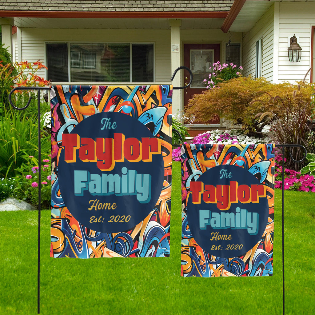 Custom GARDEN FLAGS | Welcome House Flag | Personalized Name | Double-Sided, UV Resistant Polyester | Abstract Graffiti