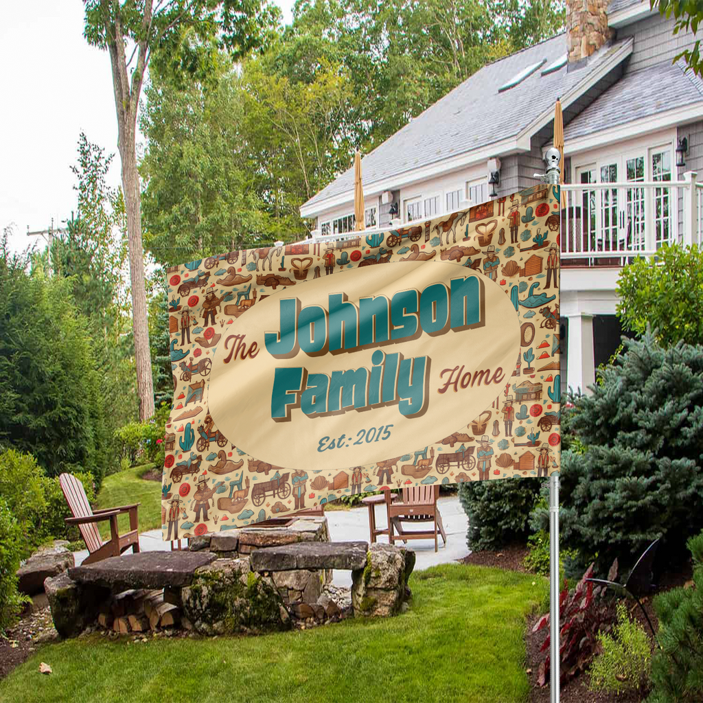 Custom GARDEN FLAGS | Welcome House Flag | Personalized Name | Double-Sided, UV Resistant Polyester | Wild West Village
