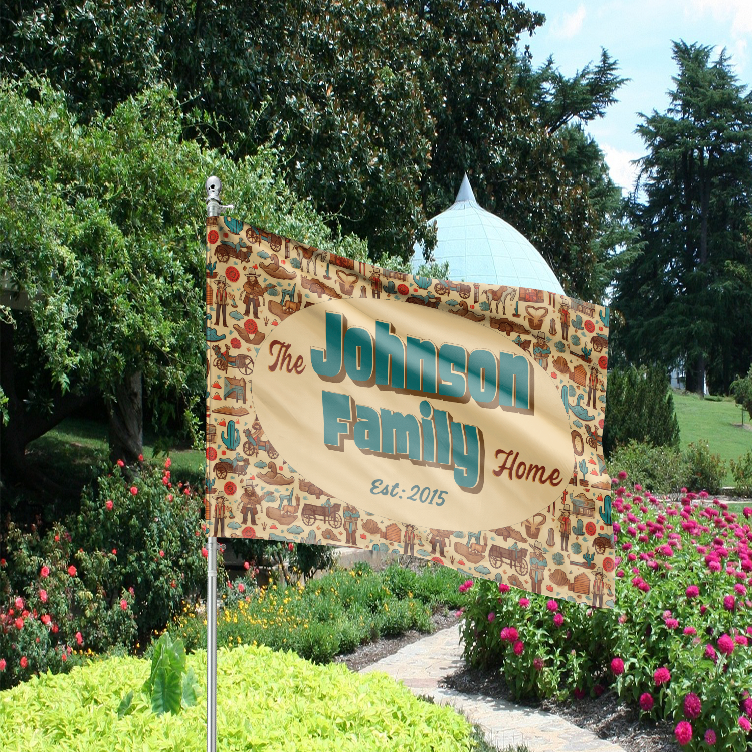 Custom GARDEN FLAGS | Welcome House Flag | Personalized Name | Double-Sided, UV Resistant Polyester | Wild West Village