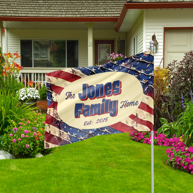 Custom Patriotic House Flag: Personalized Family Last Name Est. Year Garden Sign - Double Sided, UV Resistant Polyester - Various Sizes - Outdoor Decoration