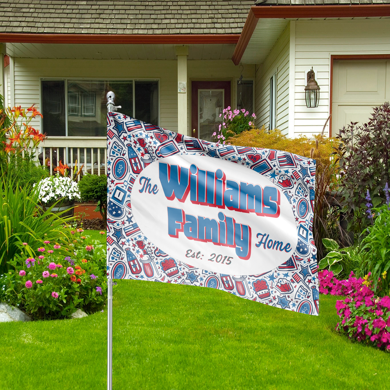 Custom GARDEN FLAGS | Welcome House Flag | Personalized Name | Double-Sided, UV Resistant Polyester | Patriotic Red and Blue