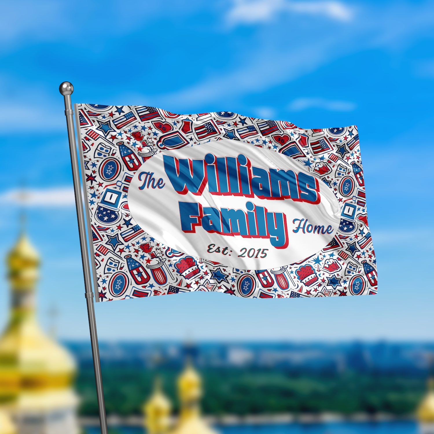 Custom GARDEN FLAGS | Welcome House Flag | Personalized Name | Double-Sided, UV Resistant Polyester | Patriotic Red and Blue