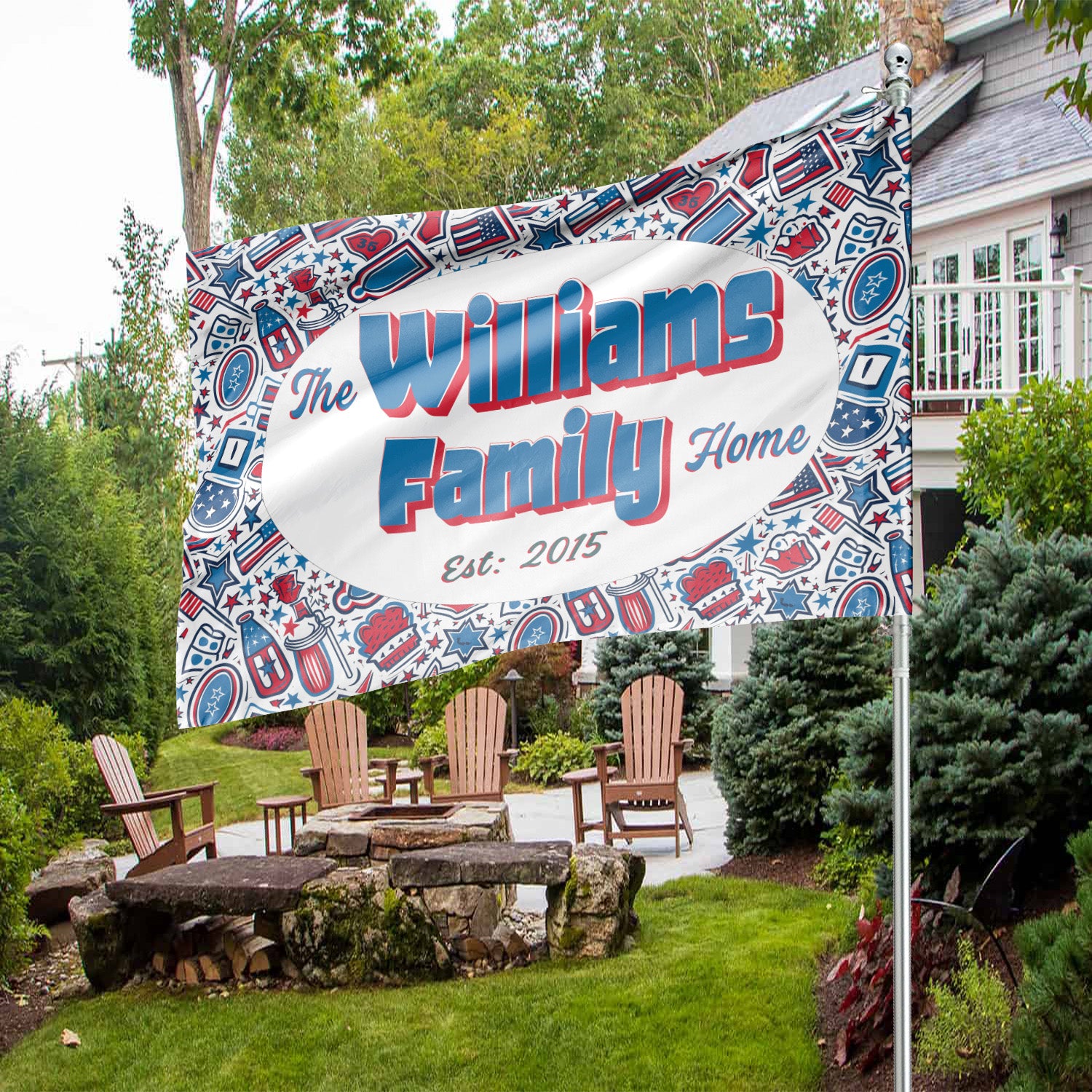 Custom GARDEN FLAGS | Welcome House Flag | Personalized Name | Double-Sided, UV Resistant Polyester | Patriotic Red and Blue
