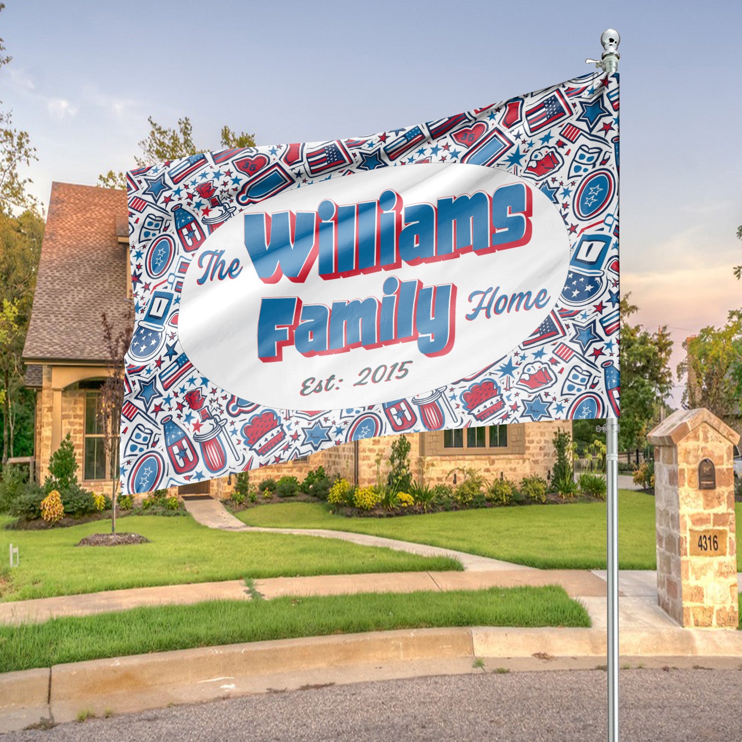 Custom GARDEN FLAGS | Welcome House Flag | Personalized Name | Double-Sided, UV Resistant Polyester | Patriotic Red and Blue
