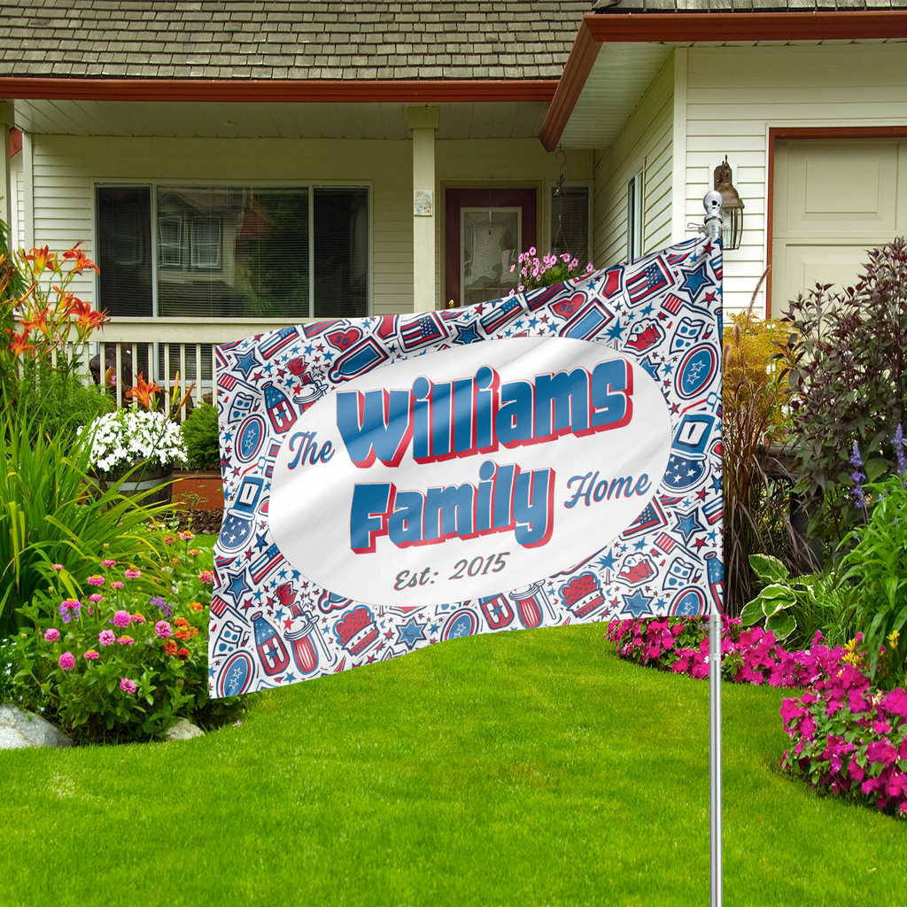Custom HOUSE FLAGS | Welcome Garden Flag | Personalized Name | Double-Sided, UV Resistant Polyester | Patriotic Red and Blue