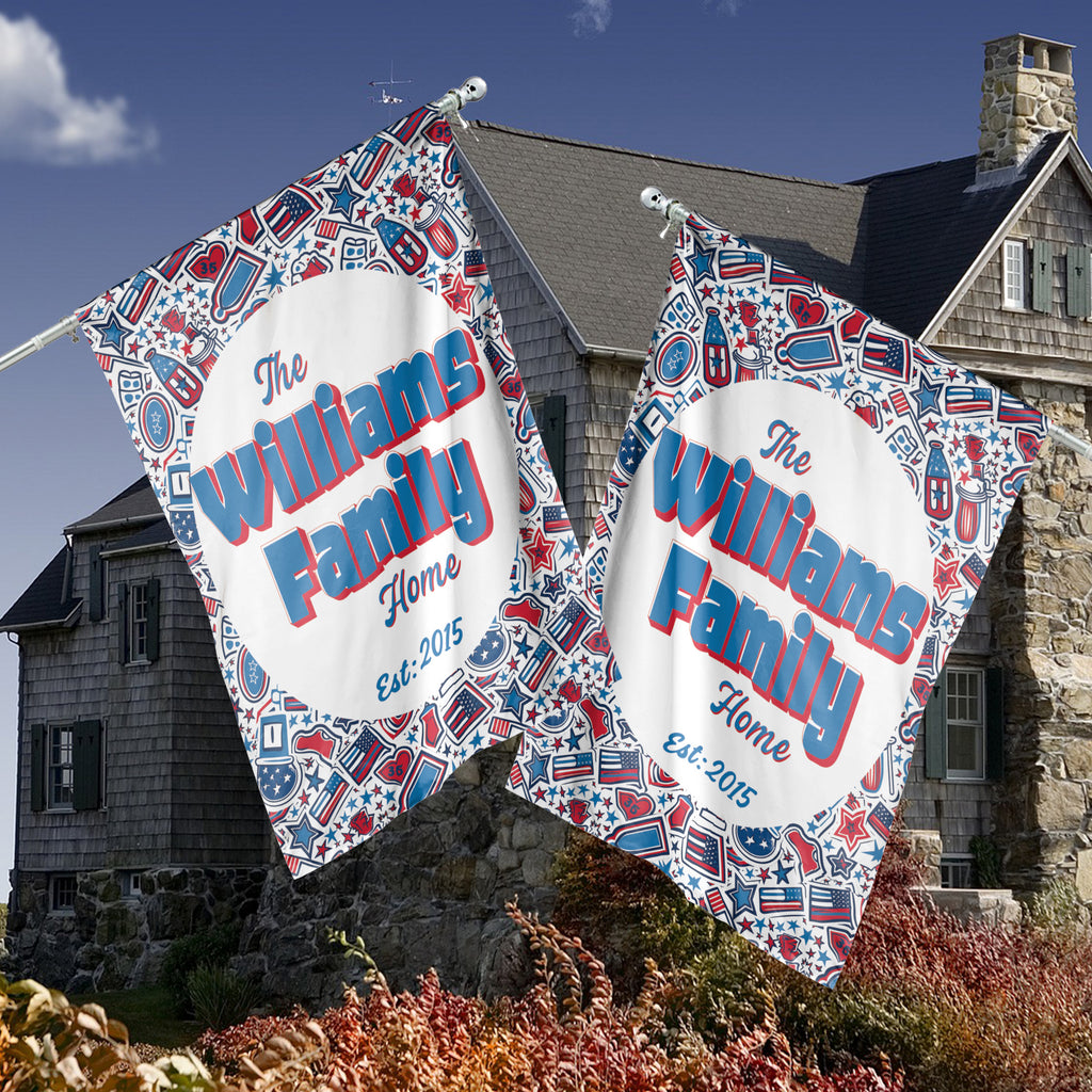 Custom GARDEN FLAGS | Welcome House Flag | Personalized Name | Double-Sided, UV Resistant Polyester | Patriotic Red and Blue