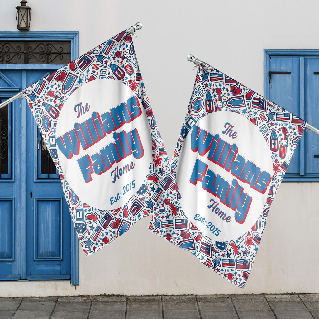 Custom HOUSE FLAGS | Welcome Garden Flag | Personalized Name | Double-Sided, UV Resistant Polyester | Patriotic Red and Blue