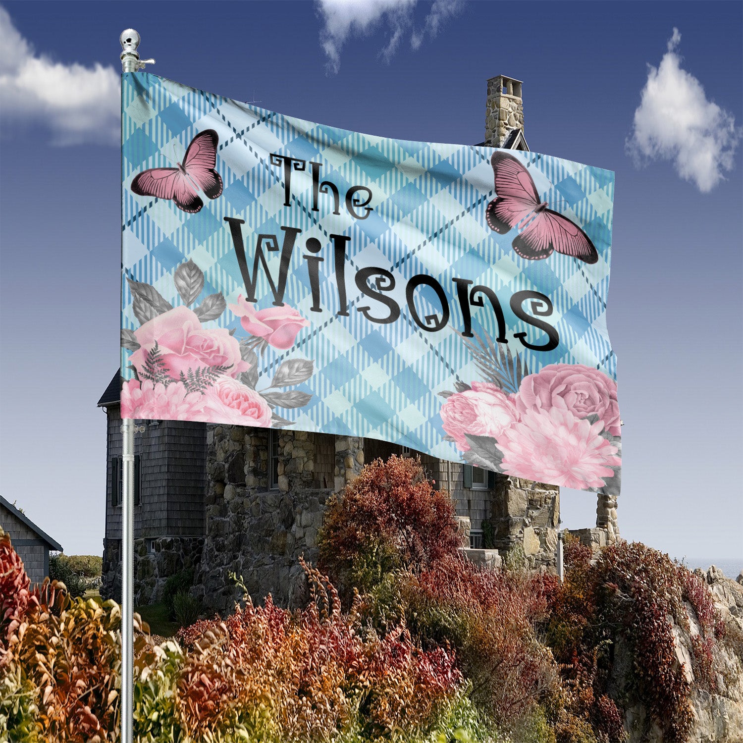 Custom GARDEN FLAGS | Welcome House Flag | Personalized Name | Double-Sided, UV Resistant Polyester | Pastel Pink Halloween