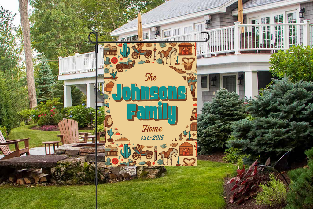 Custom GARDEN FLAGS | Welcome House Flag | Personalized Name | Double-Sided, UV Resistant Polyester | Wild West Village