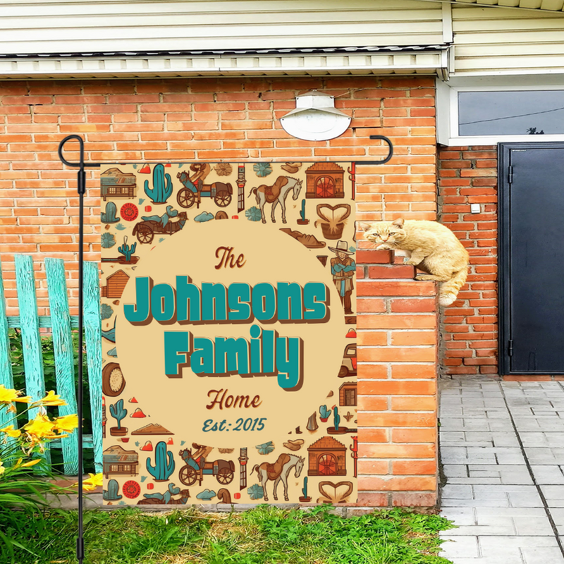 Custom Cowboy House Flag: Personalized Family Last Name Est. Year Garden Sign - Double Sided, UV Resistant Polyester - Various Sizes - Outdoor Decoration