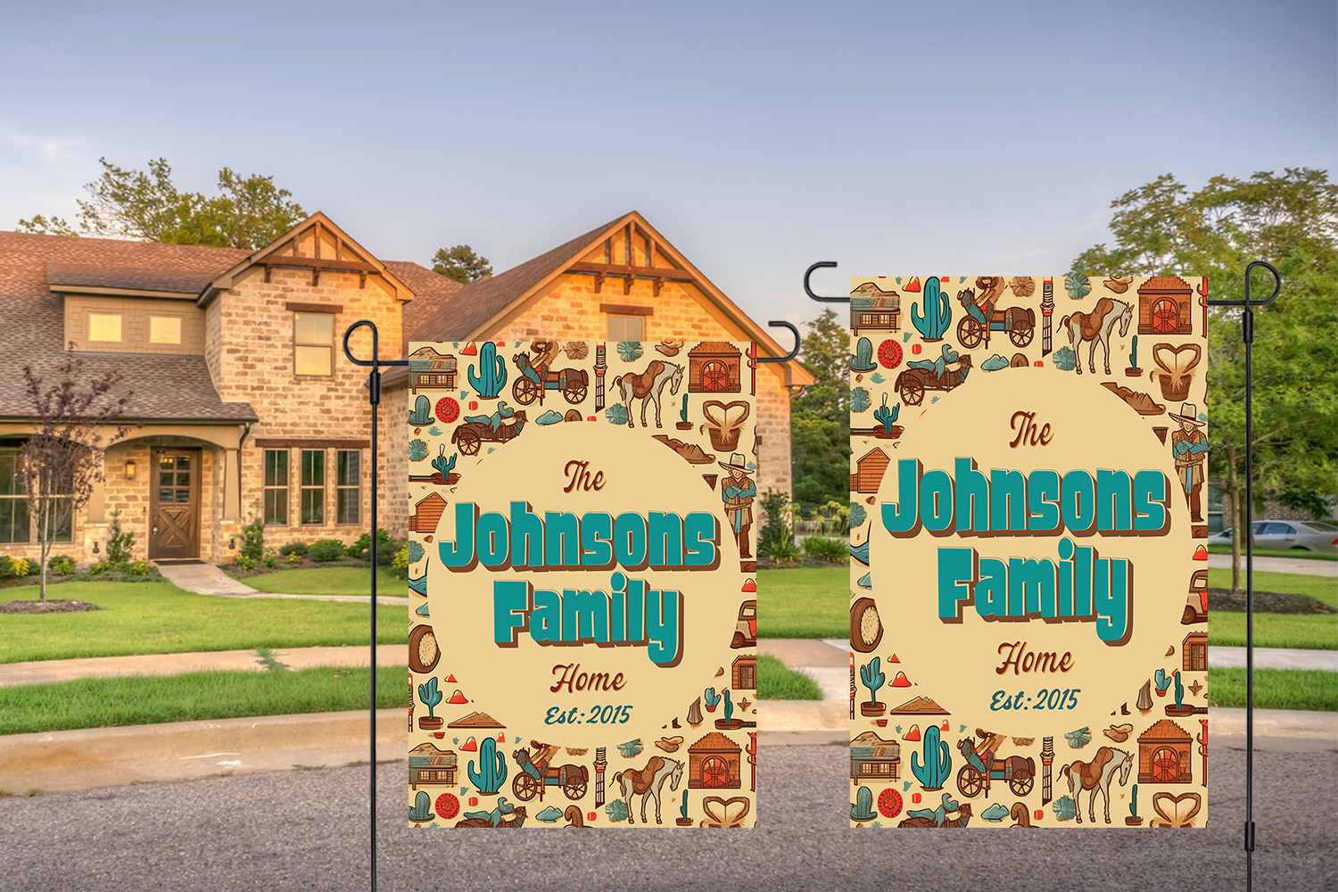 Custom GARDEN FLAGS | Welcome House Flag | Personalized Name | Double-Sided, UV Resistant Polyester | Wild West Village