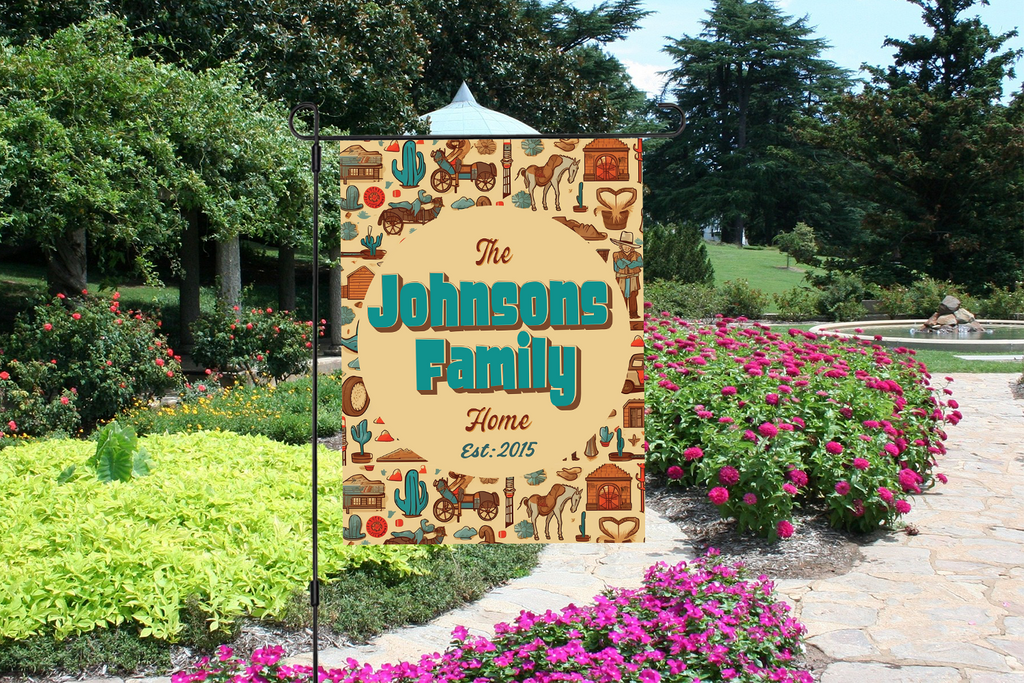 Custom GARDEN FLAGS | Welcome House Flag | Personalized Name | Double-Sided, UV Resistant Polyester | Wild West Village