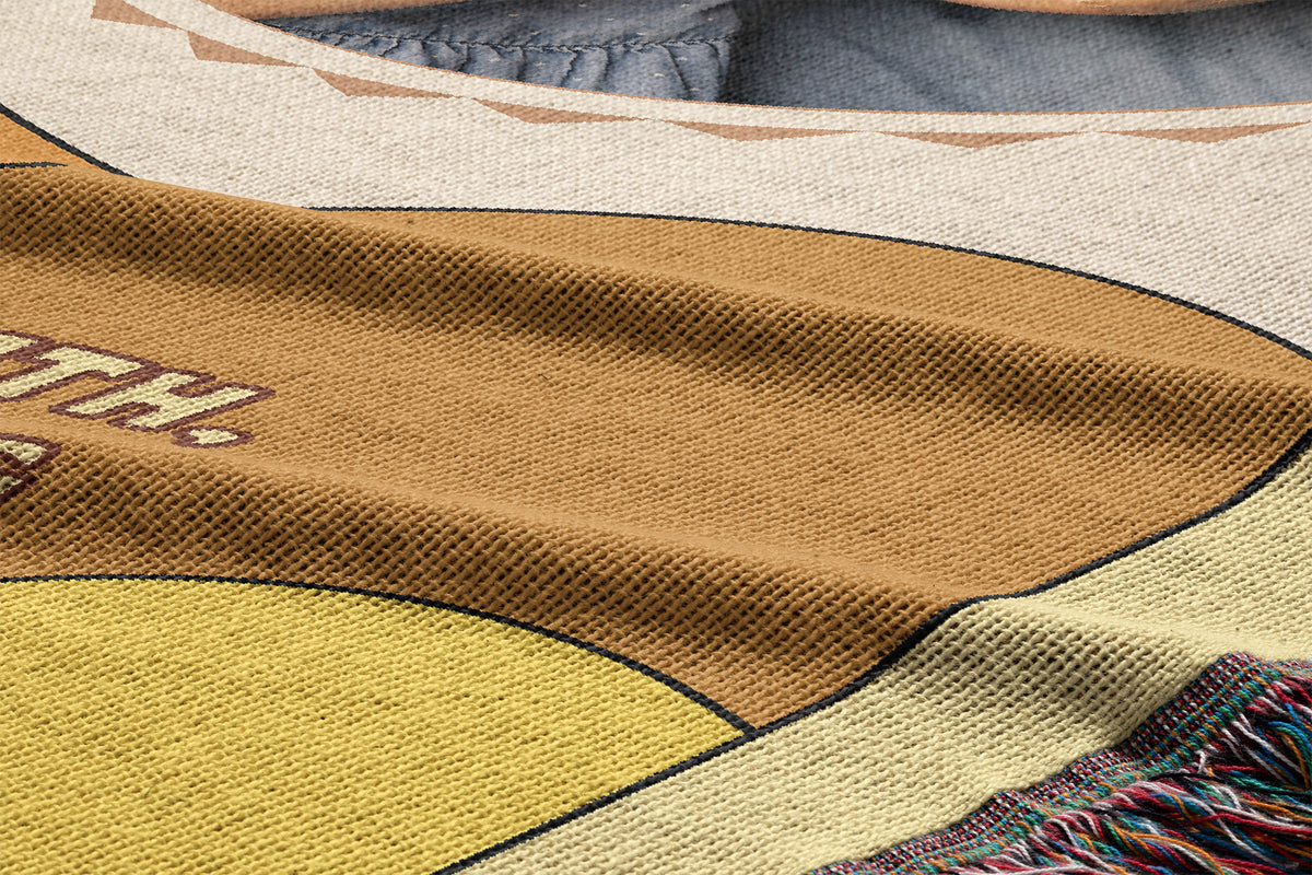 Close up of Personalized photo woven blanket for Dad with heartfelt message and fringed cotton edges