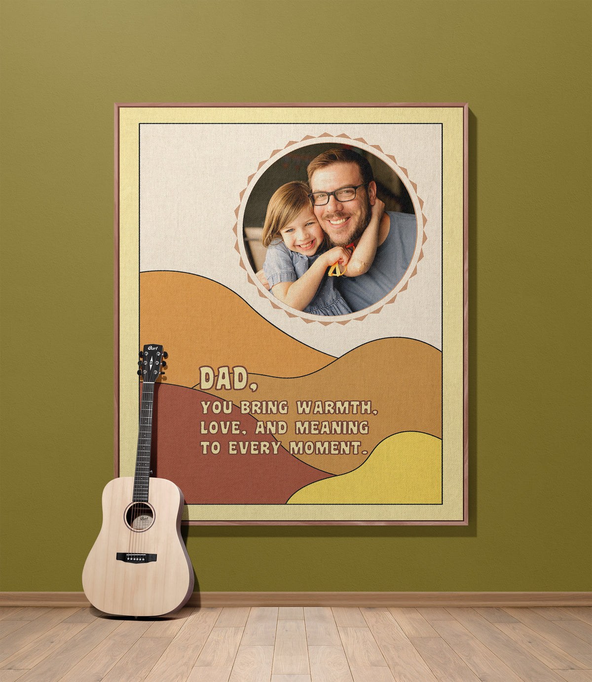 Custom photo woven blanket for Dad displayed as sentimental family wall tapestry