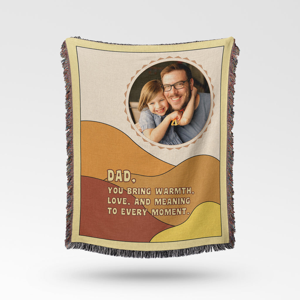 Personalized photo woven blanket for Dad with family picture, heartfelt message and fringed cotton edges