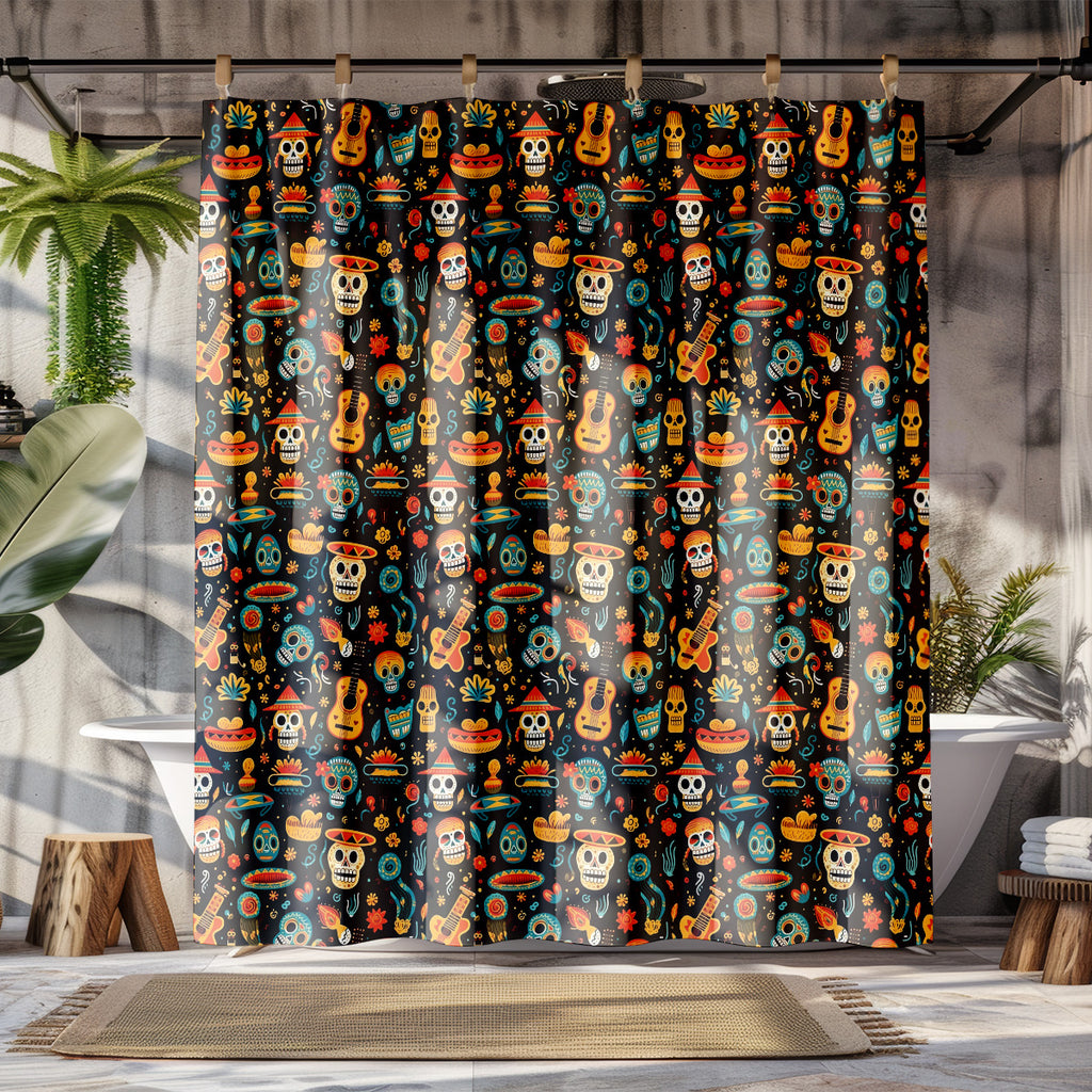 Colorful Mexican Day of the Dead animals shower curtain displayed in a bathroom