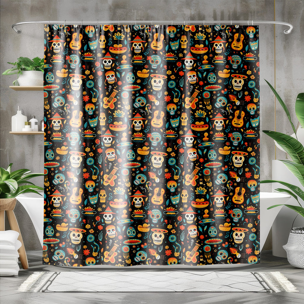 Day of the Dead animal pattern shower curtain with colorful skull characters