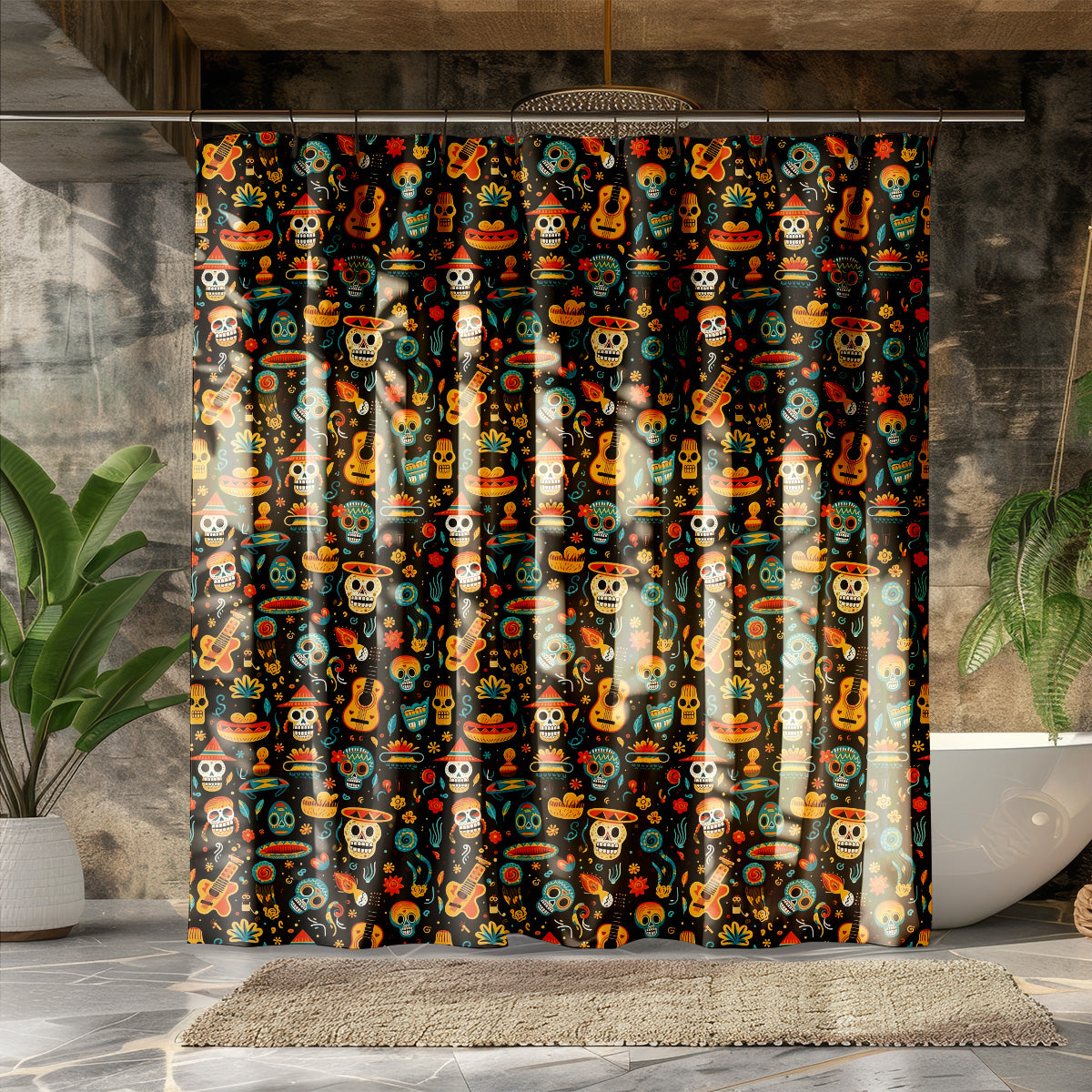 Mexican shower curtain featuring repeating Day of the Dead animal artwork