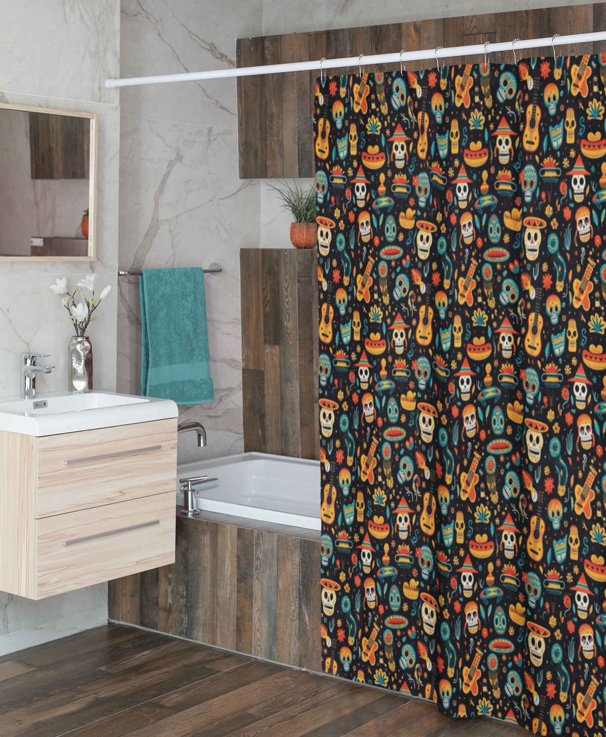 Colorful skull animal shower curtain for Halloween bathroom decor