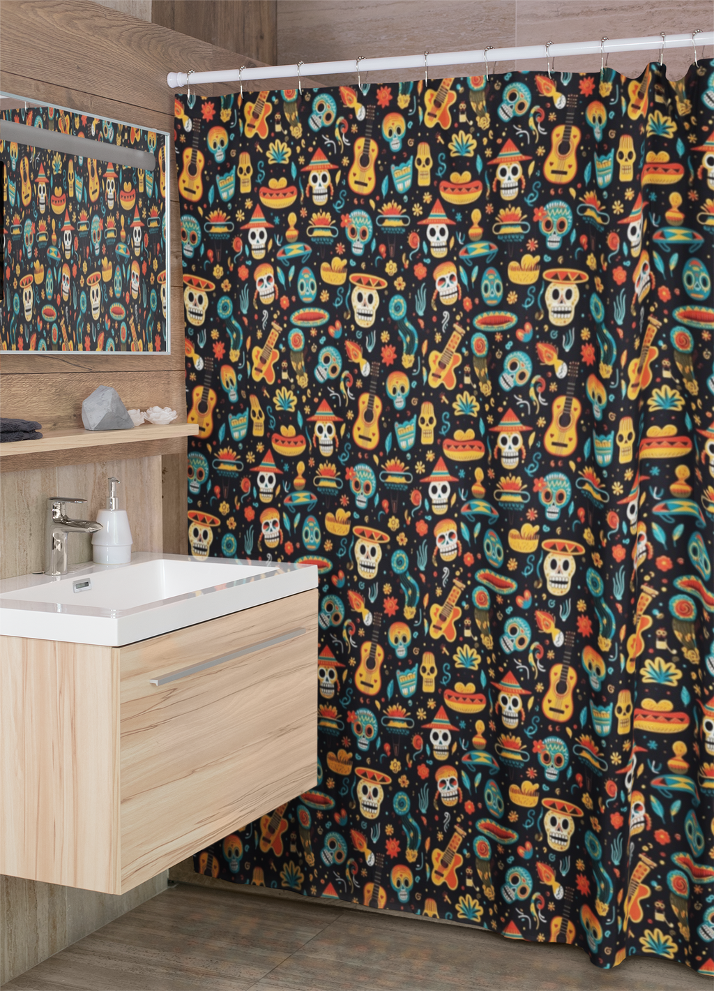 Day of the Dead animals fabric shower curtain in a colorful repeating pattern