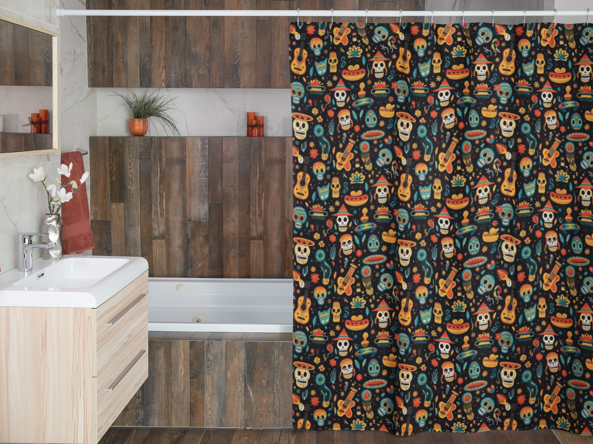 Mexican-inspired skull character shower curtain shown at full length