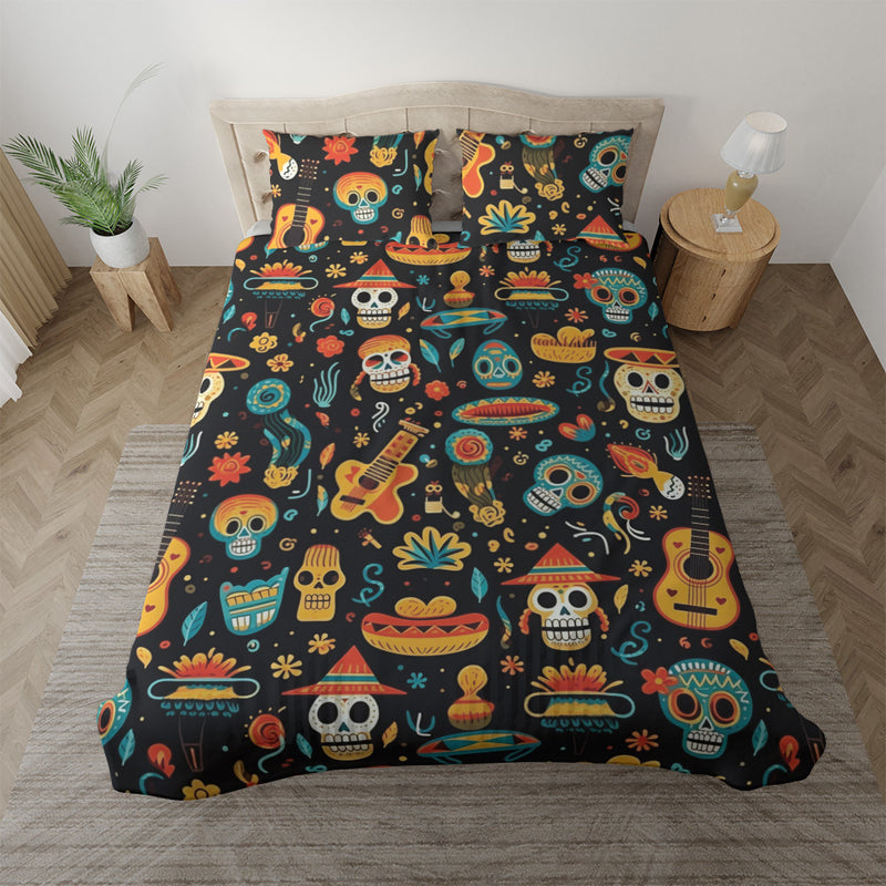 Duvet cover with matching Pillow cases | Luxury Bedding set | Twin, Queen, King Sizes | Day of the Dead Sugar Skulls