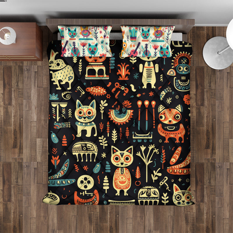 Quilted Bedding Set | Day of the Dead Colorful Comforters | Cute Halloween Bedspreads with matching Pillowcase