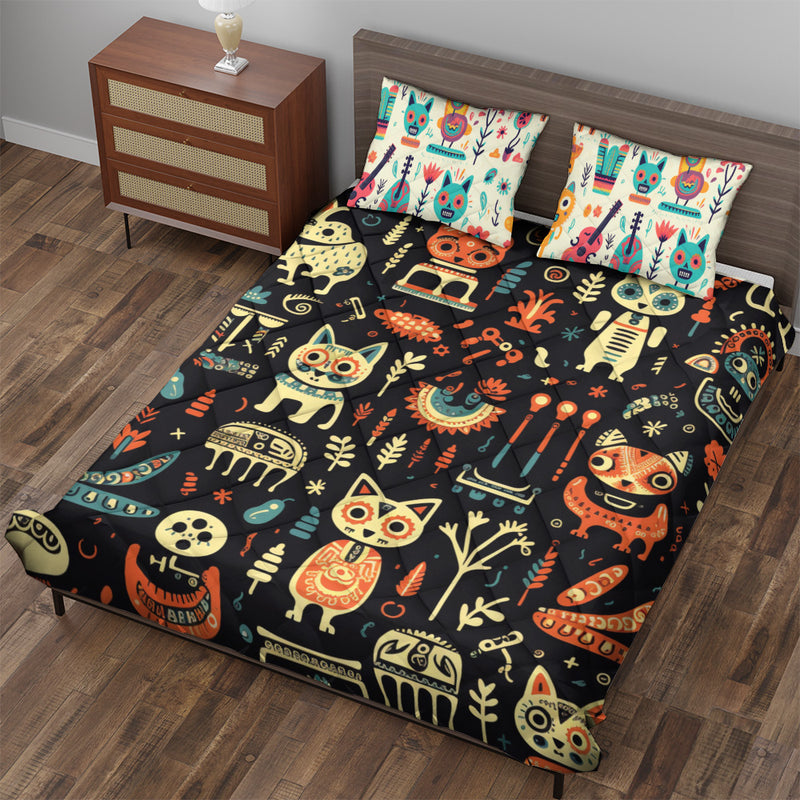 Quilted Bedding Set | Day of the Dead Colorful Comforters | Cute Halloween Bedspreads with matching Pillowcase