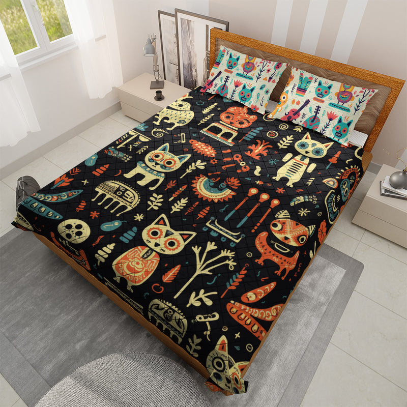 Quilted Bedding Set | Day of the Dead Colorful Comforters | Cute Halloween Bedspreads with matching Pillowcase