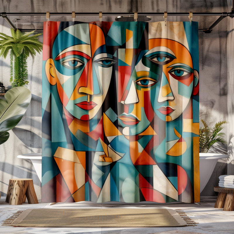 Abstract Cubism Faces Shower Curtain | Lightweight 100% Polyester, Water and Mildew Resistant, Multiple sizes with Hooks