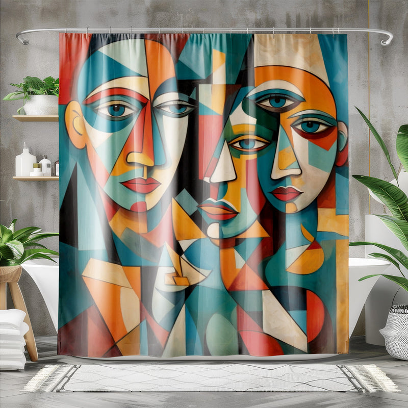 Abstract Cubism Faces Shower Curtain | Lightweight 100% Polyester, Water and Mildew Resistant, Multiple sizes with Hooks