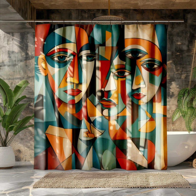 Abstract Cubism Faces Shower Curtain | Lightweight 100% Polyester, Water and Mildew Resistant, Multiple sizes with Hooks