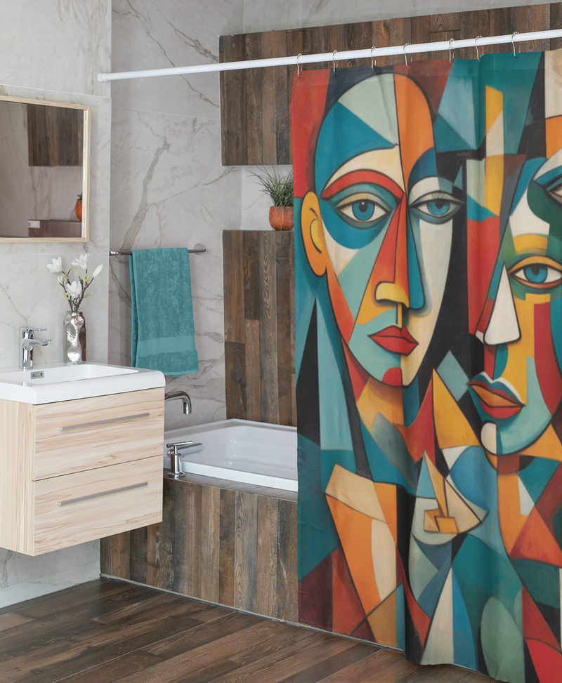 Abstract Cubism Faces Shower Curtain | Lightweight 100% Polyester, Water and Mildew Resistant, Multiple sizes with Hooks