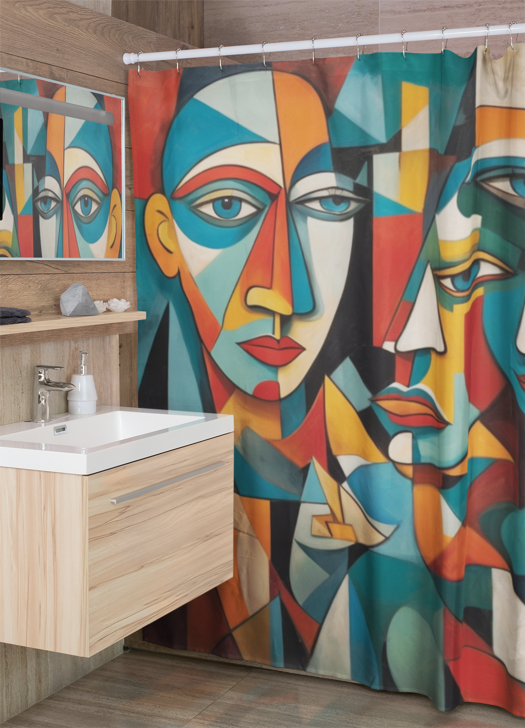 Abstract Cubism Faces Shower Curtain | Lightweight 100% Polyester, Water and Mildew Resistant, Multiple sizes with Hooks