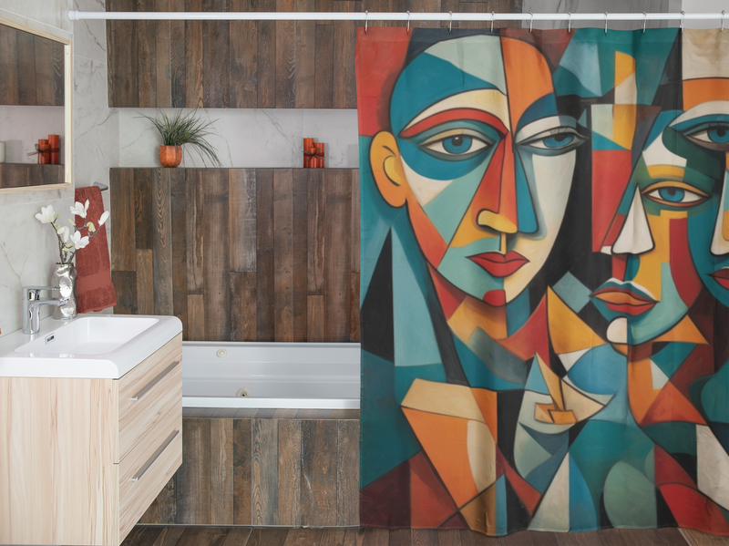 Abstract Cubism Faces Shower Curtain | Lightweight 100% Polyester, Water and Mildew Resistant, Multiple sizes with Hooks